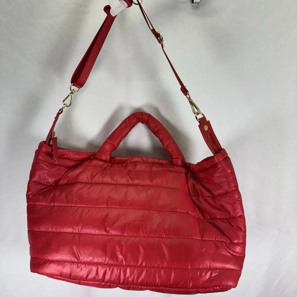Estee Lauder Weekender Travel Puffer Puff Tote Bag Red Pink Gold Purse Crossbody